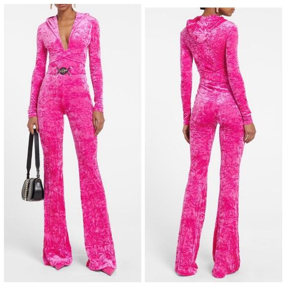 NWT Versace Jumpsuit 38 US 2 Biggie Medusa Pink Crushed Velvet Flare Leg $3,225 - Picture 1 of 15